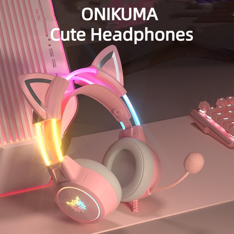 Onikuma Headset Wired Gaming Game Computer Notebook Girl Cat Ears Pink ...