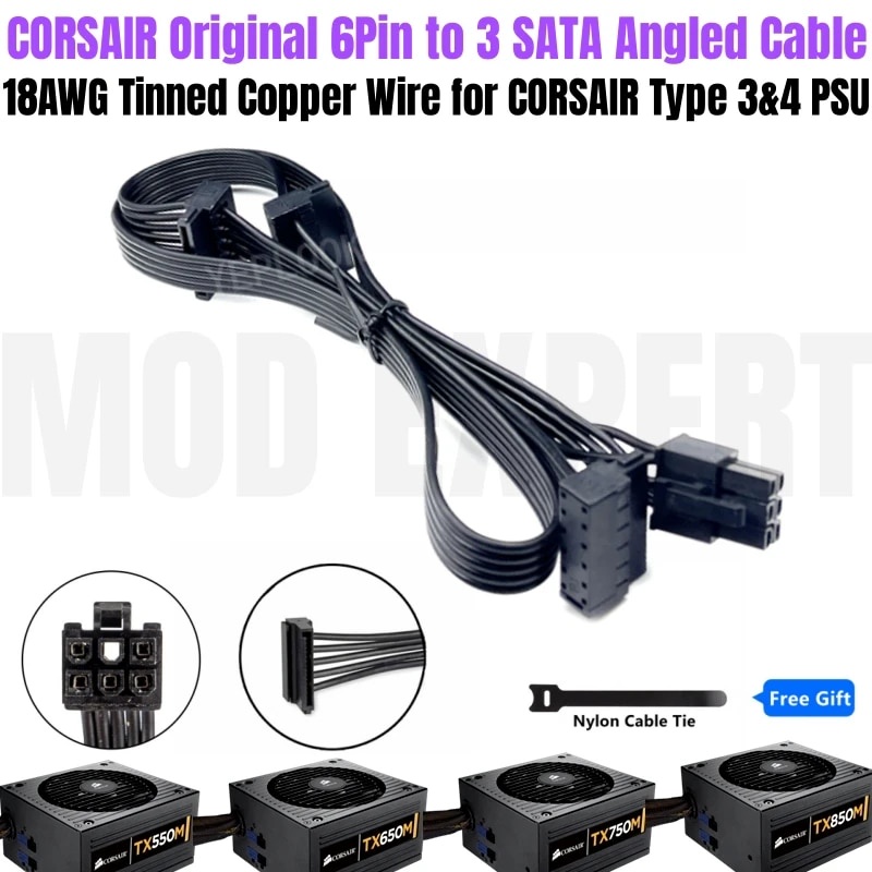Original CORSAIR 6Pin to 3 SATA Belt Hard Drive HDD SSD Power Cable 50