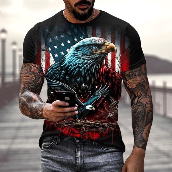 2023 American Flag T-Shirt Bald Eagle 3D Printing Men's T-Shirt Street ...