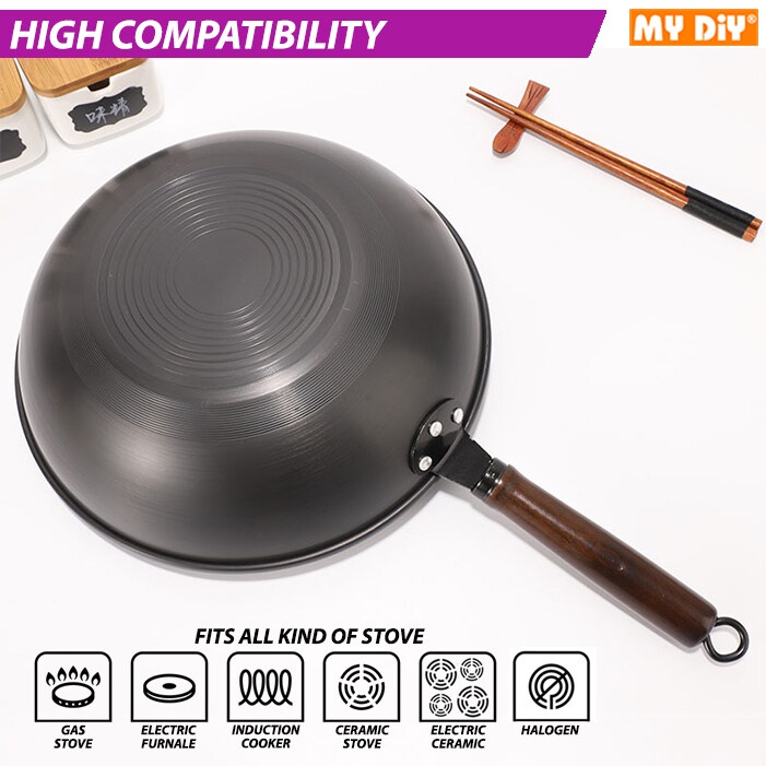 MYDIYHOMEDEPOT - 100% Anti Rust Non Stick Iron Wok Flat Bottom Wok Save ...