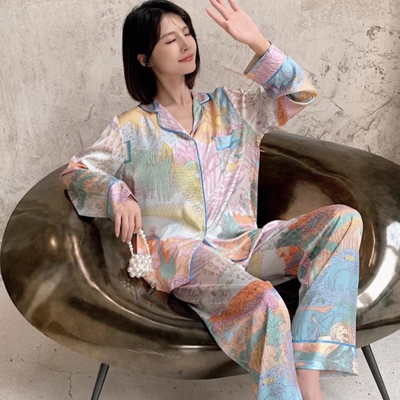 Women's pajamas silk printed silk long-sleeved casual home wear set ...