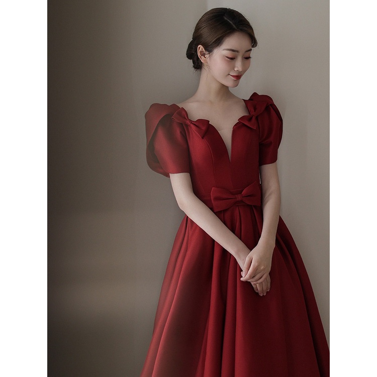 Wine Red Satin Wedding Evening Dress French Puff Sleeve Vneck Bow