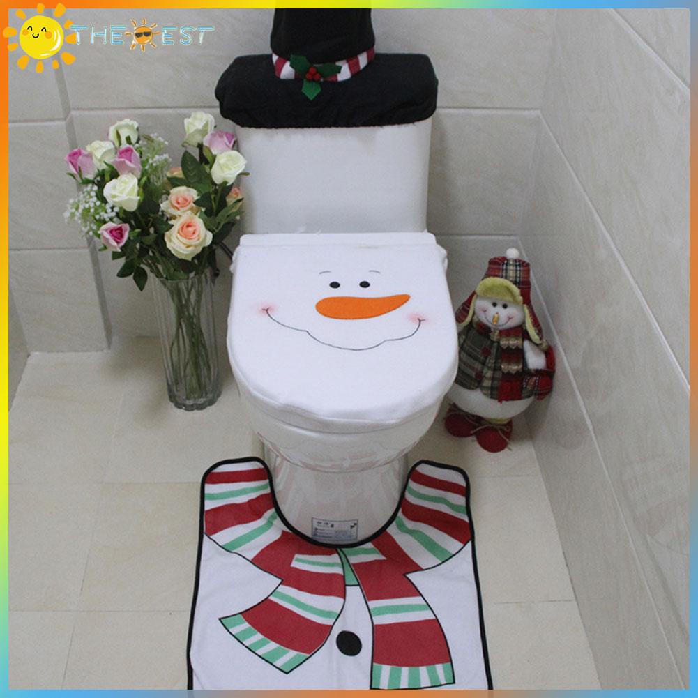 THEBEST 3Pcs Rug Toilet Seat Tank Cover Set Santa Claus/Snowman