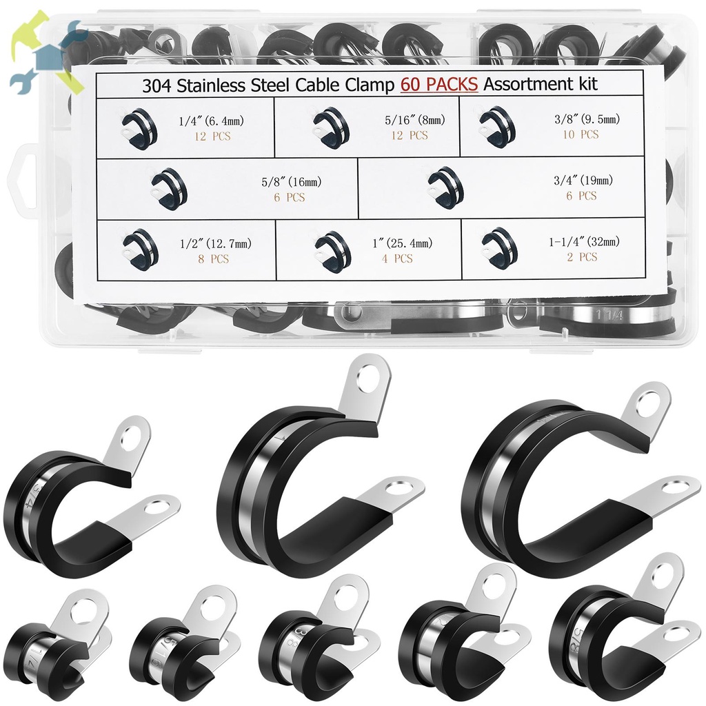 60Pcs Cable Clamp Assortment Kit 304 Stainless Steel Wire Clamp Rubber