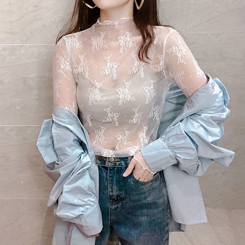 Half Turtleneck Gauze Bottoming Shirt Women Western Style Sweater Inner Lace Thin Style Gauze