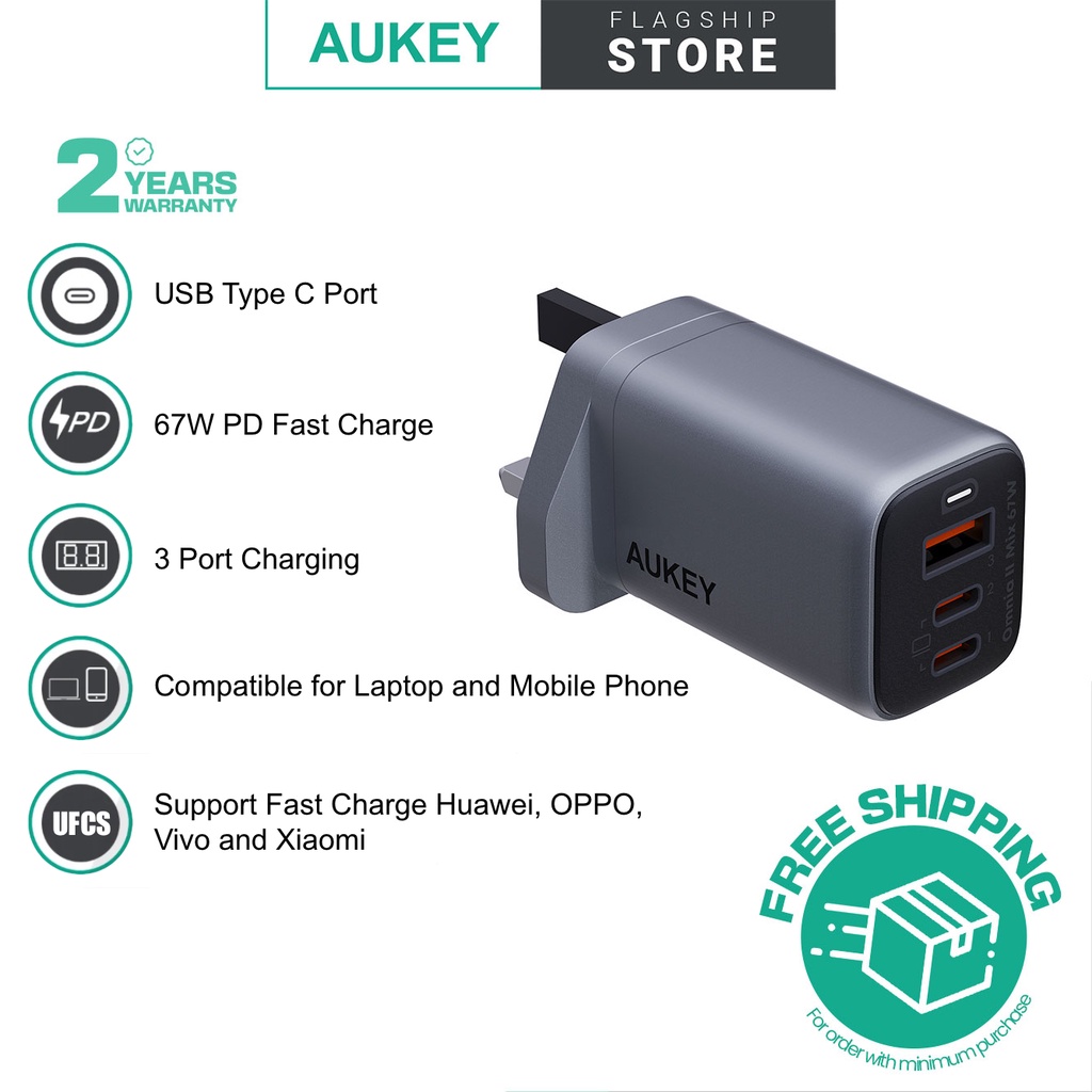 Aukey Pa-b6u Omnia Ll Mix 67w Ufcs 3 Port Wall Charger With Gan 