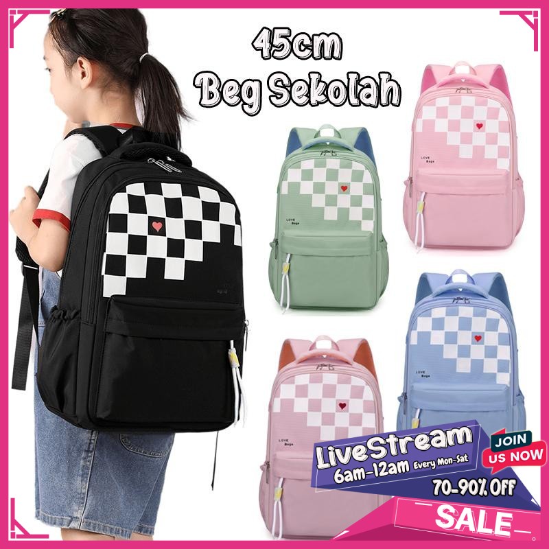 45cm Korean Style Checkers School Bag for Girl Beg Sekolah Budak