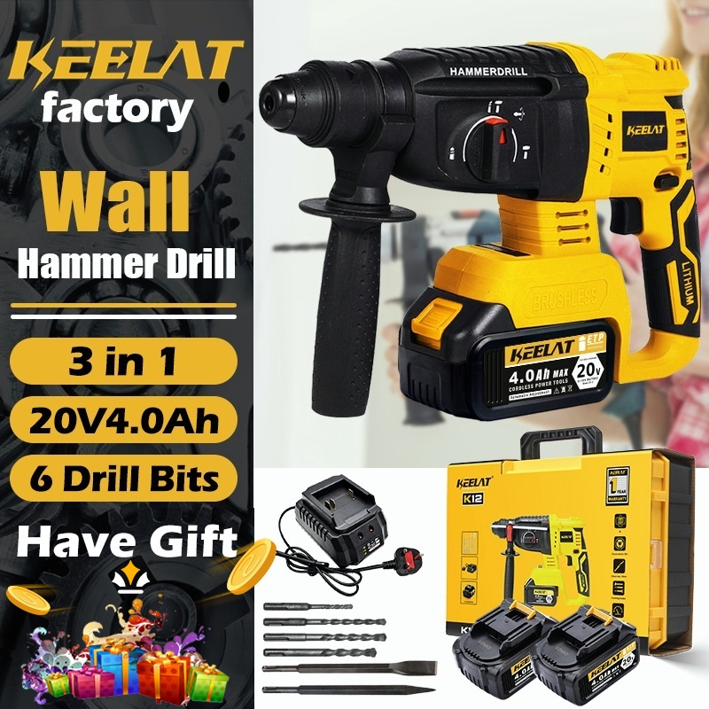 keelat Hammer Drill Rotary Hammer Power Impact Drill Battery With 3 ...