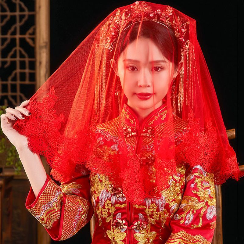 Bride's Red Cap, Big Red Headdress, Chinese Style Xiuhe Ancient