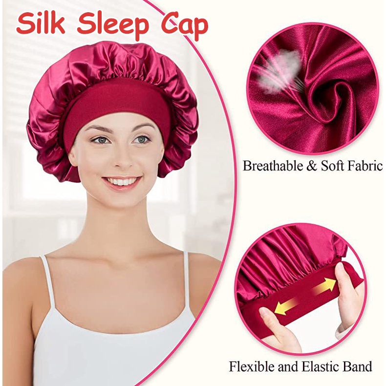 Silk Sleep Cap Women Soft Solid Wide-Brimmed Nightcap Hair Bonnet Hat ...
