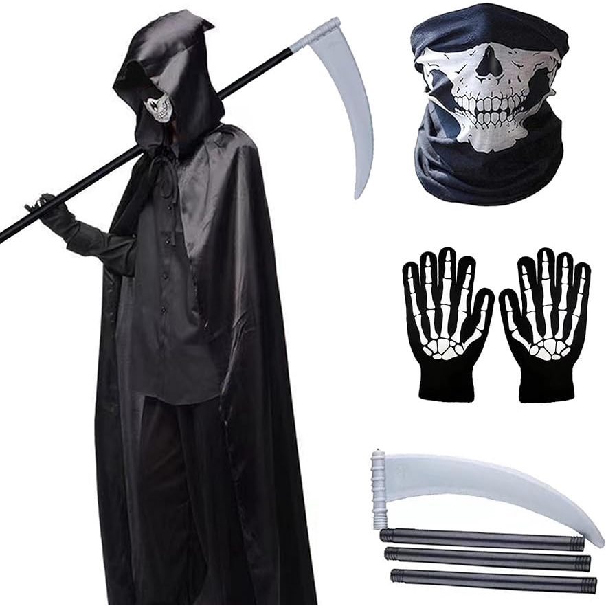 Black Hooded Cloak, Cosplay Halloween Grim Reaper Costume with Scythe ...