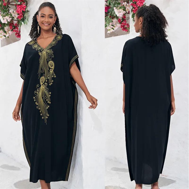 Losose Golden Embroidery Kaftan Beach Tunic Beach Cover Up Saida De Praia Swimsuit Women Bikini 