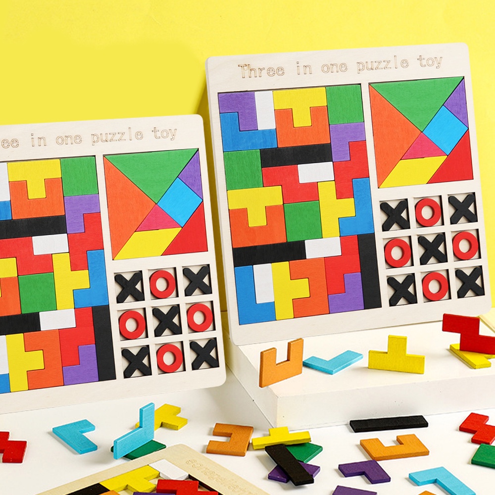 BEVAVAR 3 IN 1 Russian Puzzle Tetris Tangram Toys Wooden Blocks Kids ...