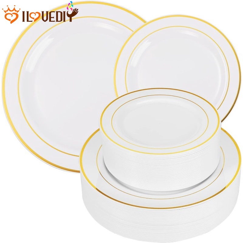 Gold Plastic Plates / White Plate with Gold Rim Heavy Duty Plastic Plates / Heavy Duty Plastic