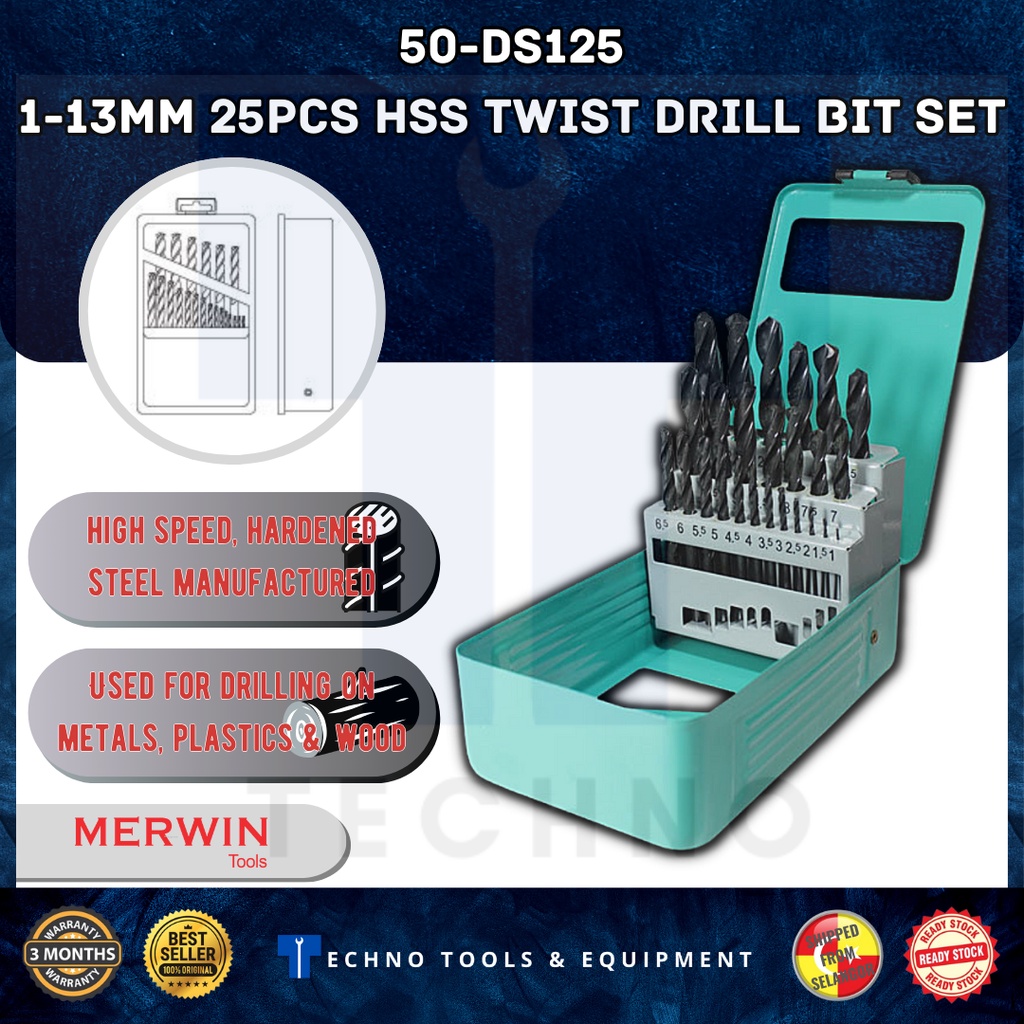 MERWIN 25 PCS HSS High Speed Steel Twist Drill Bit Set 1mm - 13mm ...