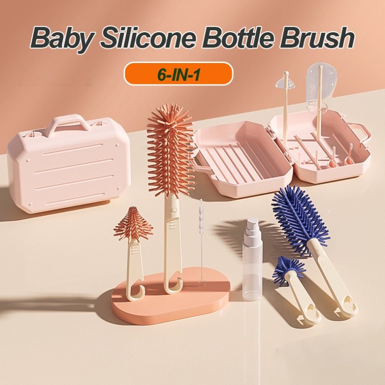 【in stock】6 in 1 Baby Bottle Brush Set with Travel Bottle Drying Racks