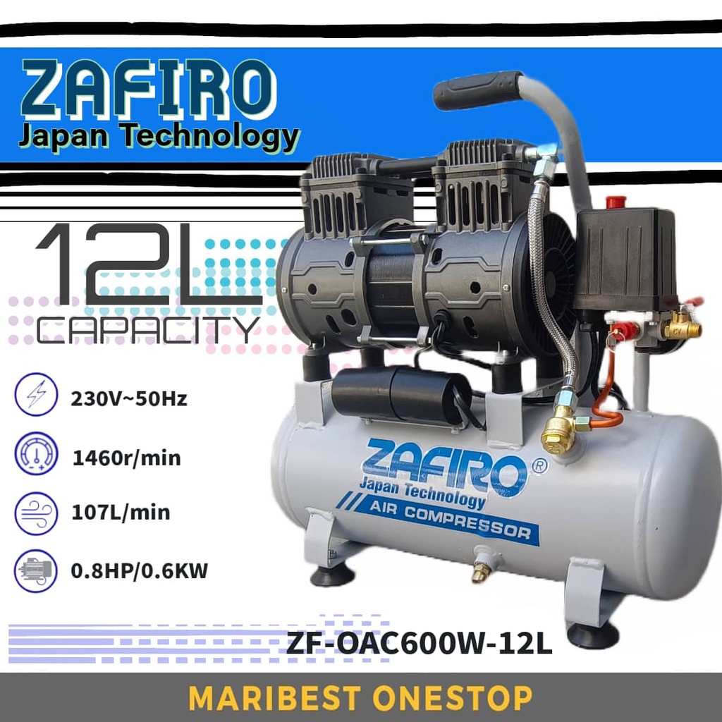 ZAFIRO 12Liter Tank Air Compressor Oilfree High Pressure Multifunction