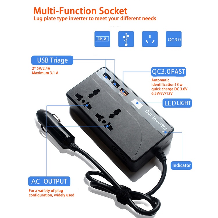 Universal Socket Car Power Inverter 12V 150W / 200W DC to AC 1 X QC3.0 ...