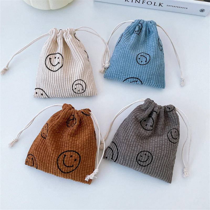 Fresh Smiley Corduroy Storage Bag Drawstring Drawstring Pocket