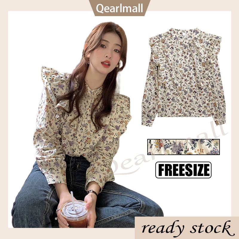 Ready Stock Women Ruffle Floral Long Sleeve Shirt Korean Style Loose ...