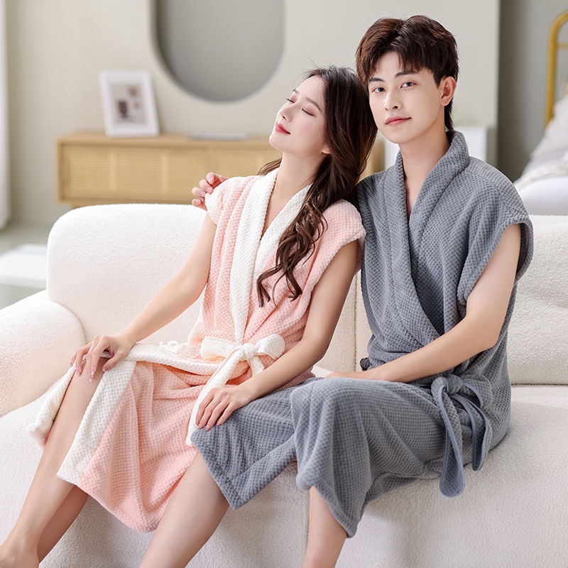 Women's Couple Sleeveless Bathrobe Fuzzy Plush Fleece Bathrobe Soft