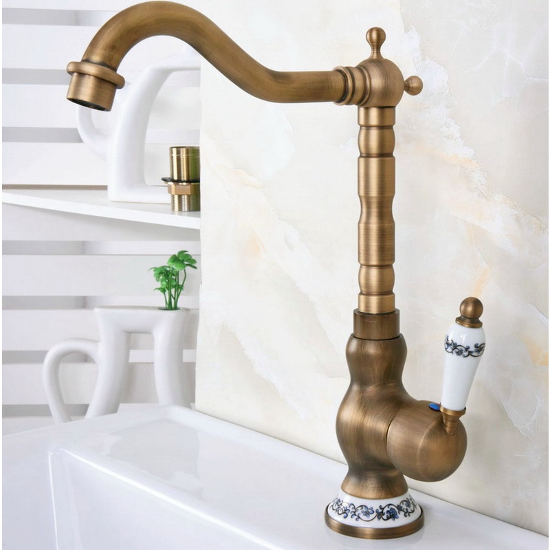 Retro Antique Brass Kitchen Faucet Hot & Cold Mixer Tap Single Hole