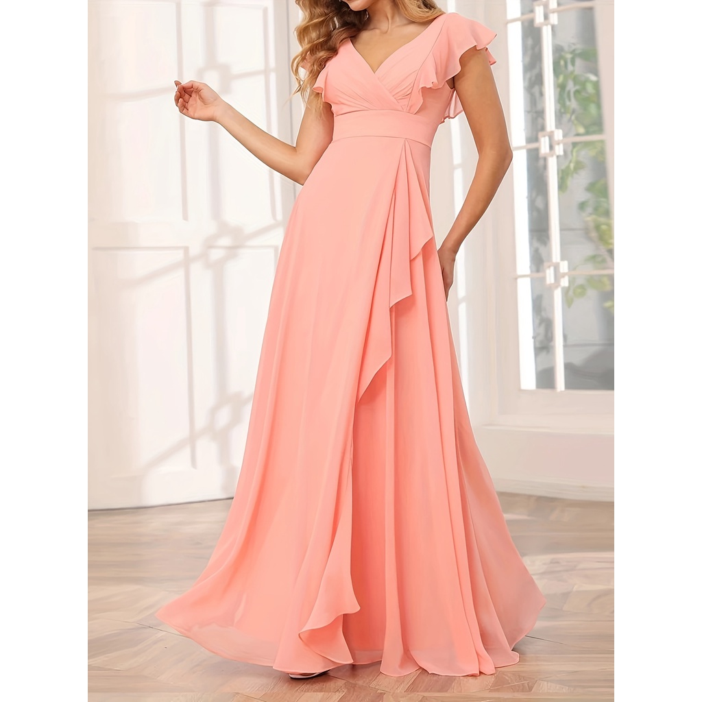 Flutter Sleeve Bridesmaid Dress, Elegant Vneck Cascade Dress For