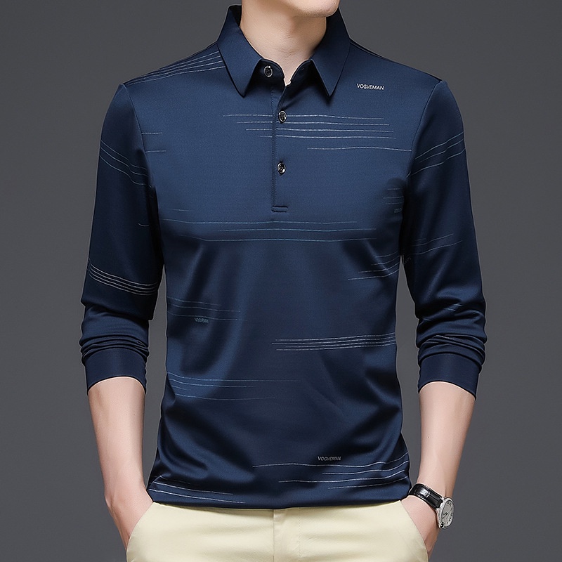 New Men's Long Sleeve Loose Fit Polo Shirt Man Business Casual Wear