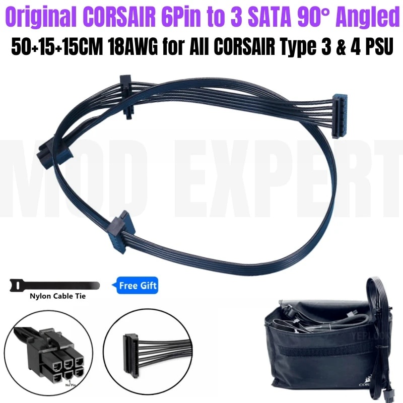 Original CORSAIR 6Pin to 3x SATA Elbow Hard Drive HDD SSD Power Cable