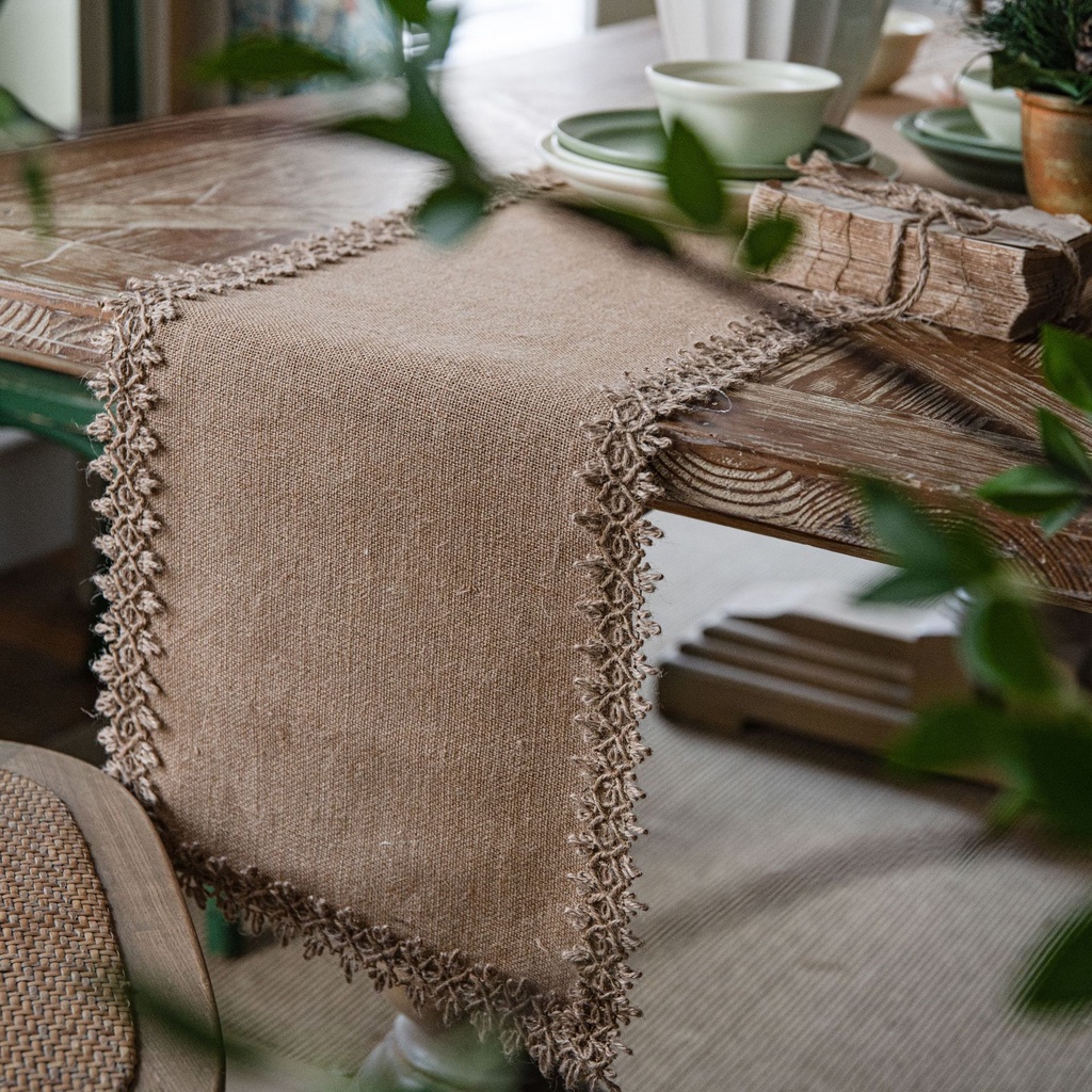 Natural Burlap Table Runner with Jute Lace Vintage Tabletop Hallway ...