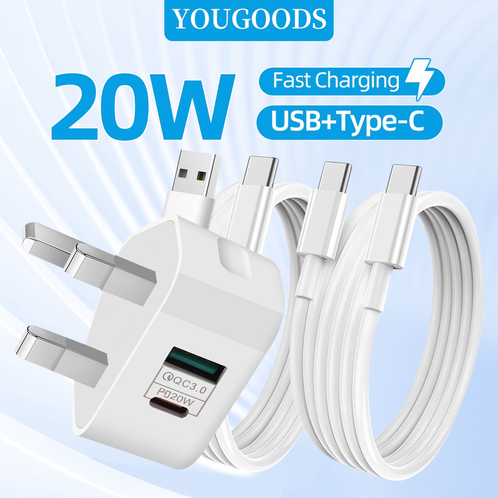 20W Dual Port Type C and USB Plug Fast Charger Plug UK USB-C Wall ...