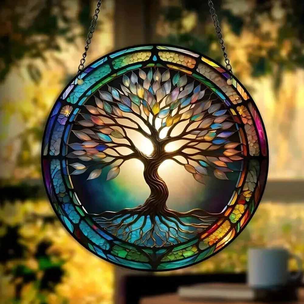 Tree Of Life Round Sun Catcher Multi Coloured Hanging Decor 15 cm