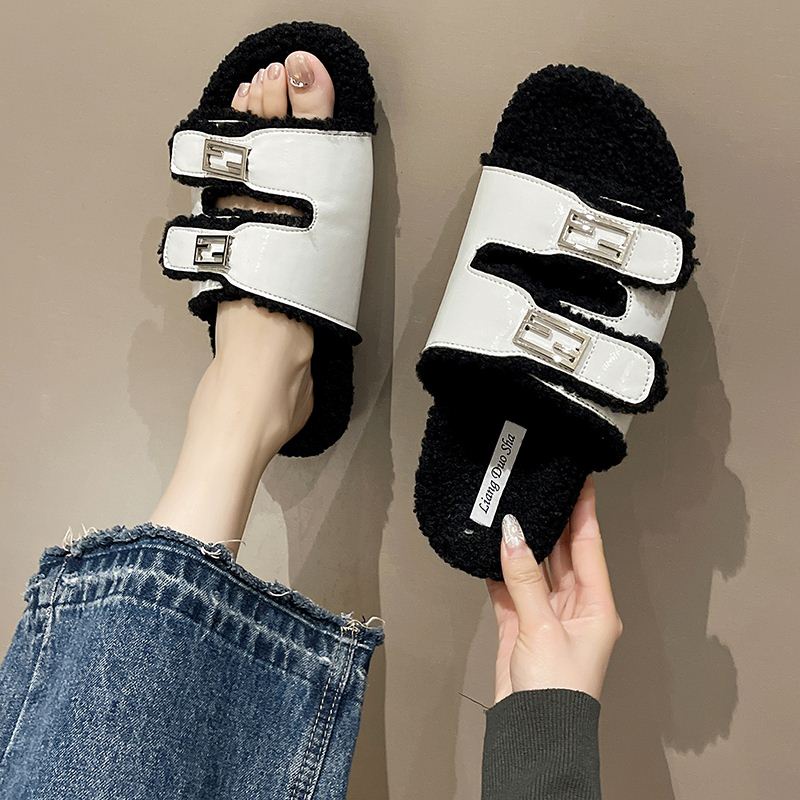 2 Niche Slippers Women's High-End Belt Buckle Furry Sandals Slippers ...