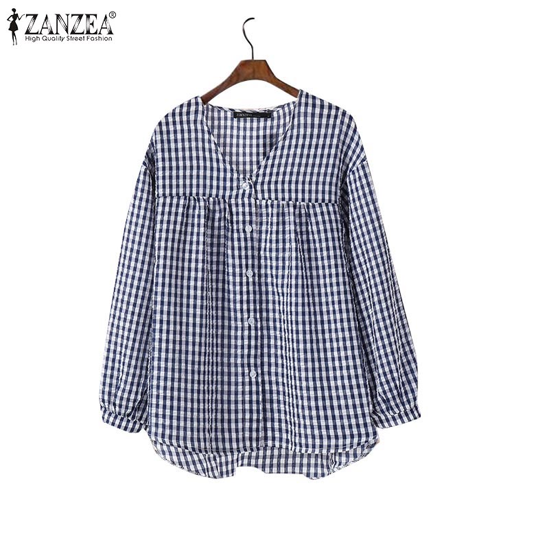 ZANZEA Women Korean Casual Check V-Neck Lantern Sleeves Pleated Blouses ...