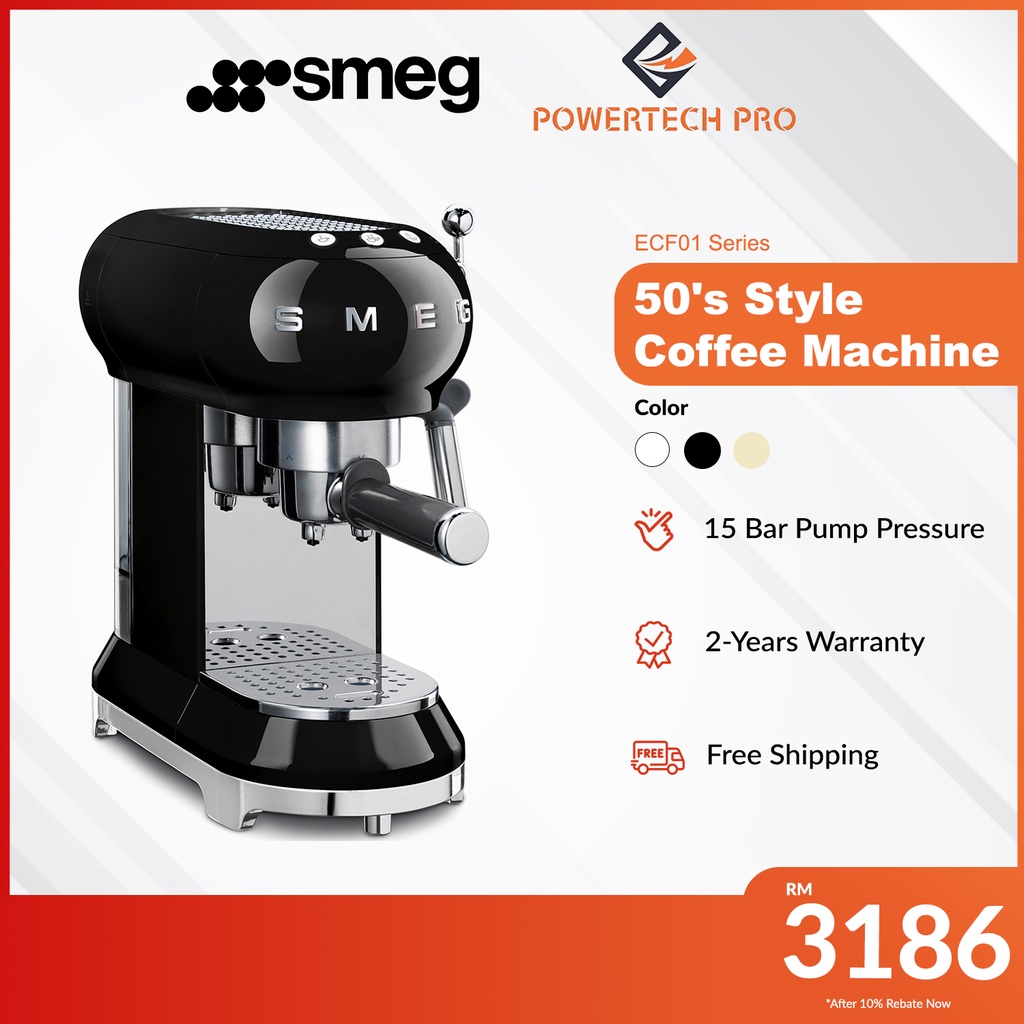 Smeg 50's Style Espresso Coffee Machine with 15 Bar Antislip Standy By Timer (ECF01 Series