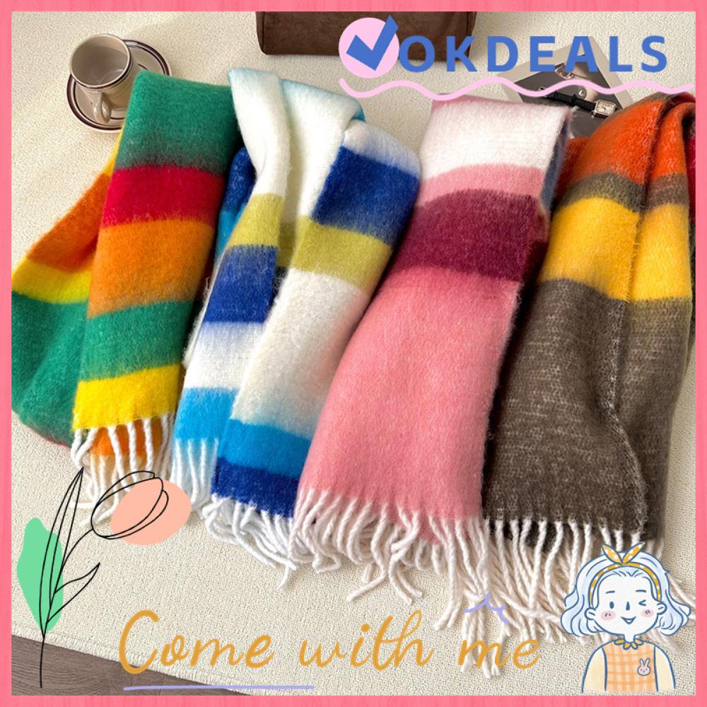 Mohair Warm Scarf, Mohair Rainbow Tassel Scarf, 2023 Polyester