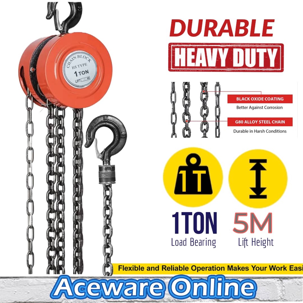 1 Ton Heavy Duty Chain Block Lifting 5 Meter HStype Chain Hoist Rantai