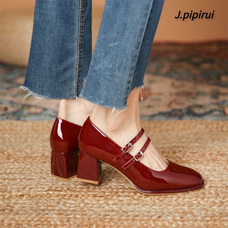 Wine Red High Heels Women's Design Square Toe LowCut Patent Leather