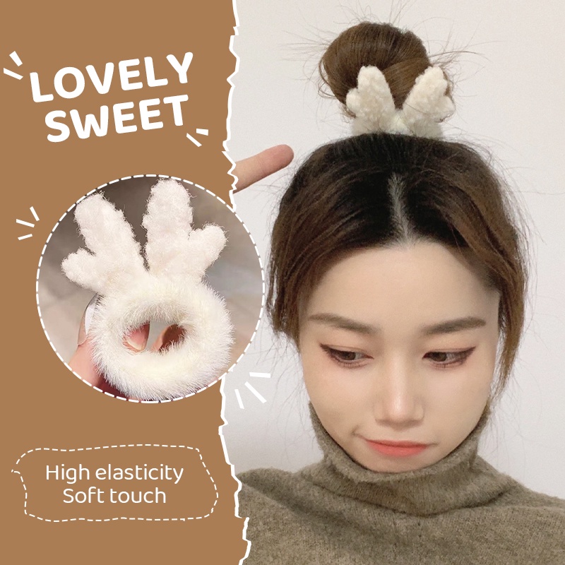 COD-Cartoon Ears Plush Hair Closures Cute Deer Antlers Rope Strap ...