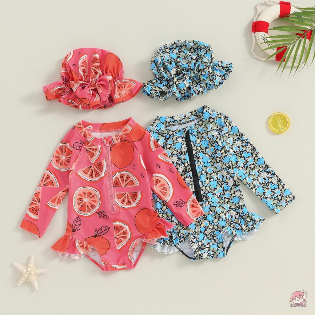 JOP-Baby Girls Swimsuit Floral Fruit Print Long Sleeve Bikini with Hat ...