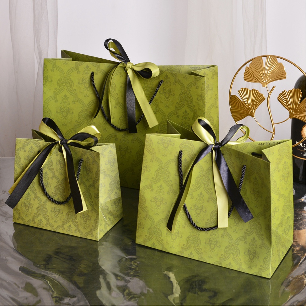 Paper Bag Gift Bag Green Ins Style Tote Bag with Ribbon for Birthday