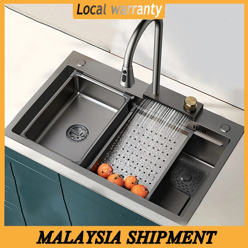 Waterfall Nano Black Sink Set double faucet kitchen sink Stainless