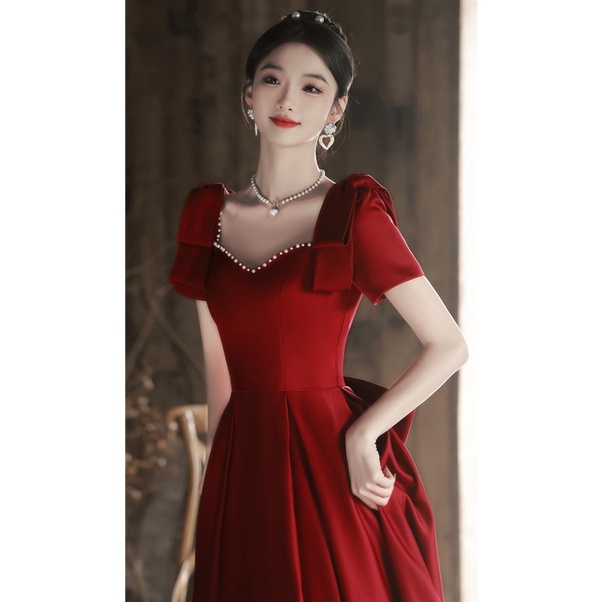 Wine Red Satin Bridal Wedding Toast Dress Simple Temperament Short