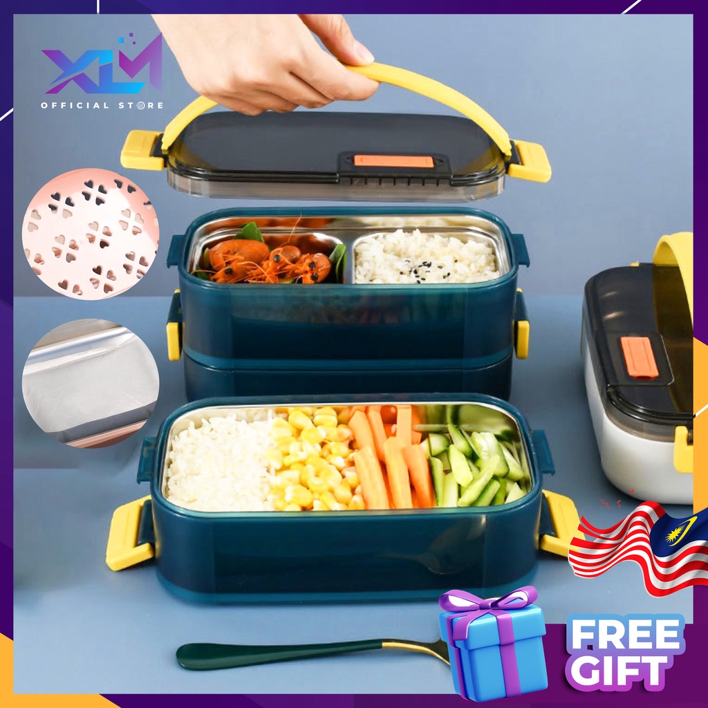 XLM 3-LAYER LUNCH BOX STAINLESS STEEL PORTABLE BENTO BOX FOOD STORAGE ...