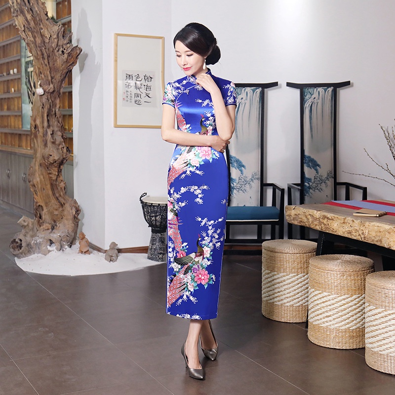 Floral And Peacock Women Traditional Chinese Dress Vintage Mandarin Collar Qipao Oversize Long 