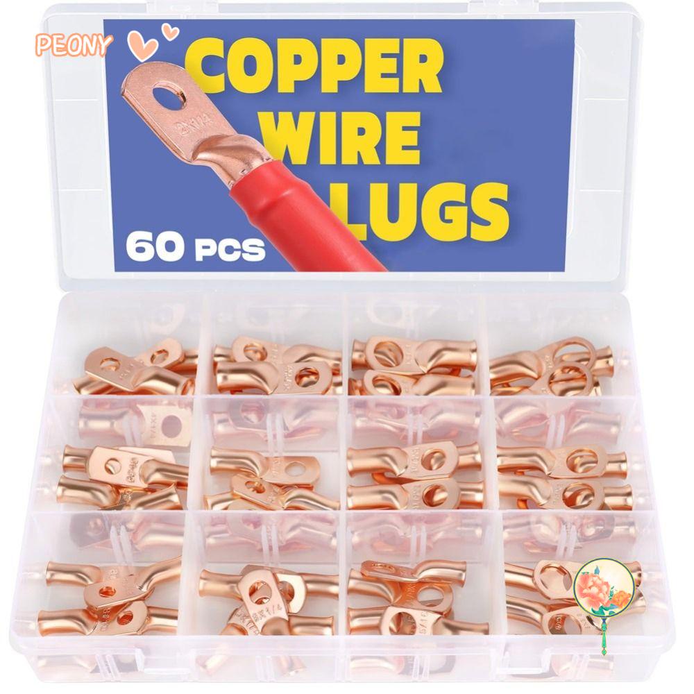 PEONYHOME 60PCS Battery Cable Ends, 12 Sizes AWG 8 6 4 Copper Wire