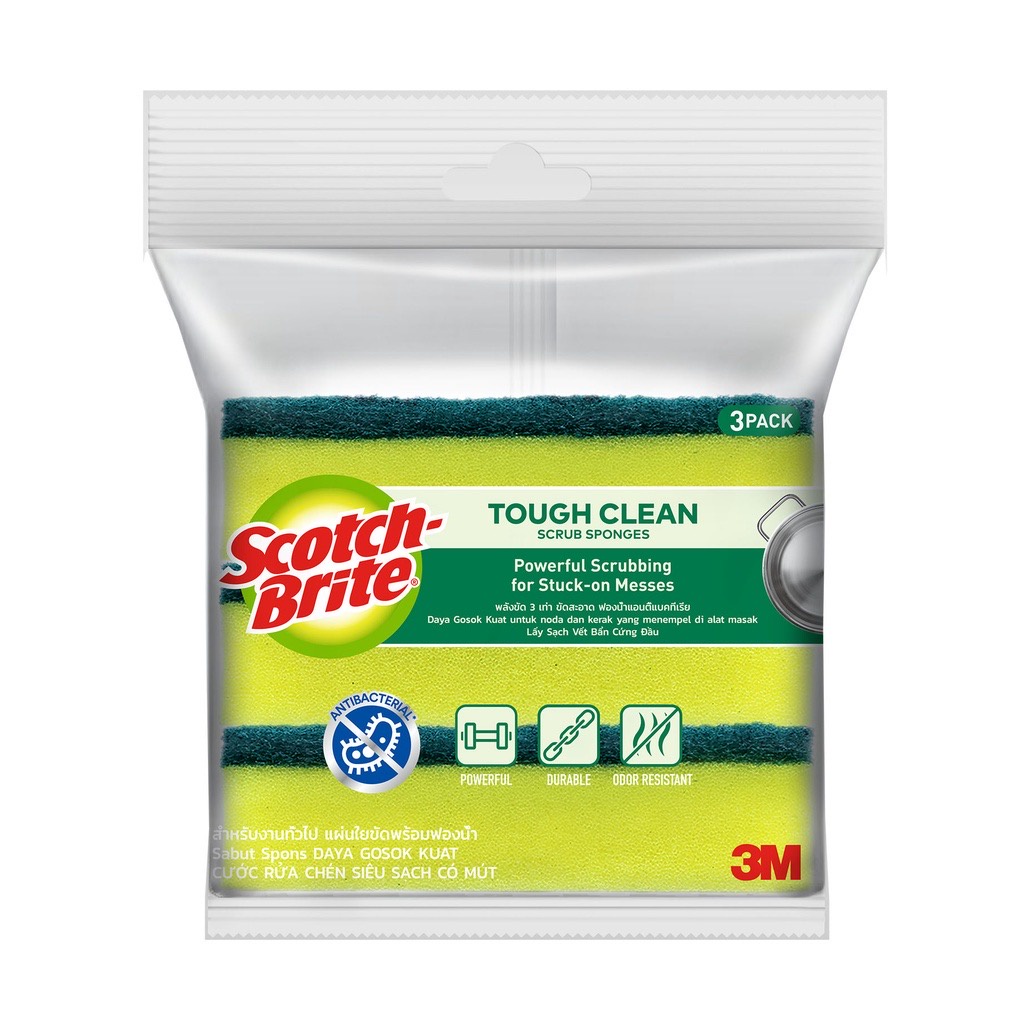 3M Scotch Brite Tough Clean Antibacterial Scrub Sponge 1 Pack 3’s