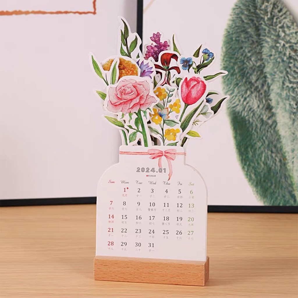 2024 Bloomy Flowers Desk Calendar Vase Shaped Monthly Calendar Planner