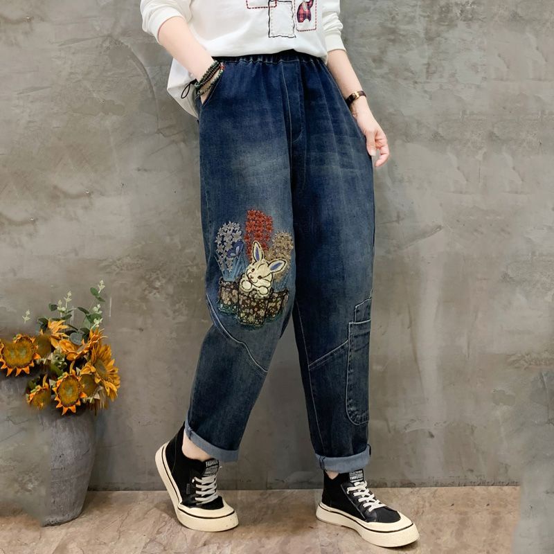 Plus Size M3XL Women's Elastic Waist Harem Jeans Vintage Cute Rabbit