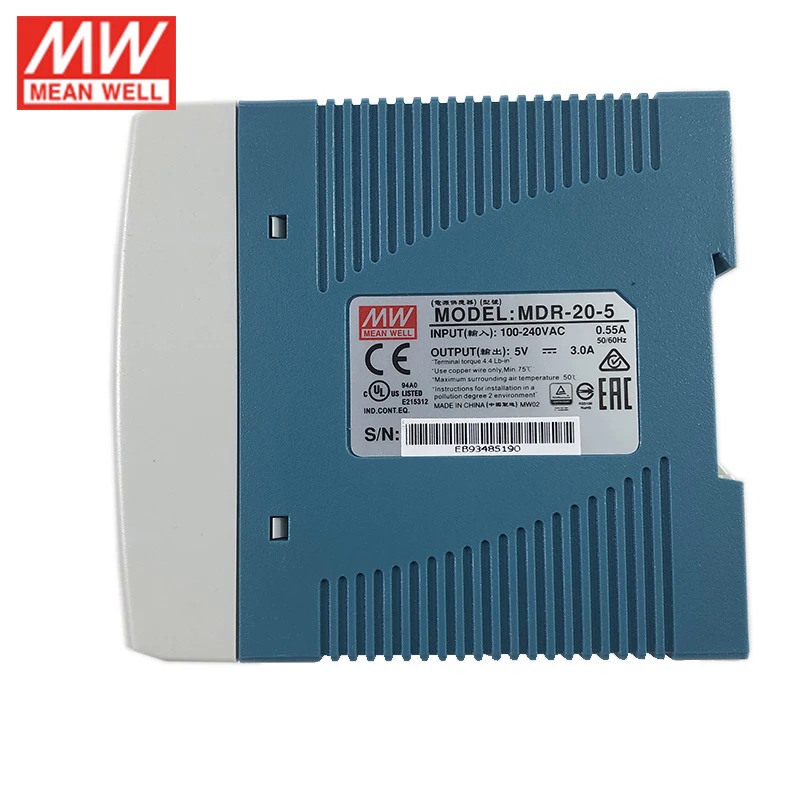 Mean Well MDR-20 Series DIN Rail Power Supply – 20W, 5/12/15/24V DC, Switching Module
